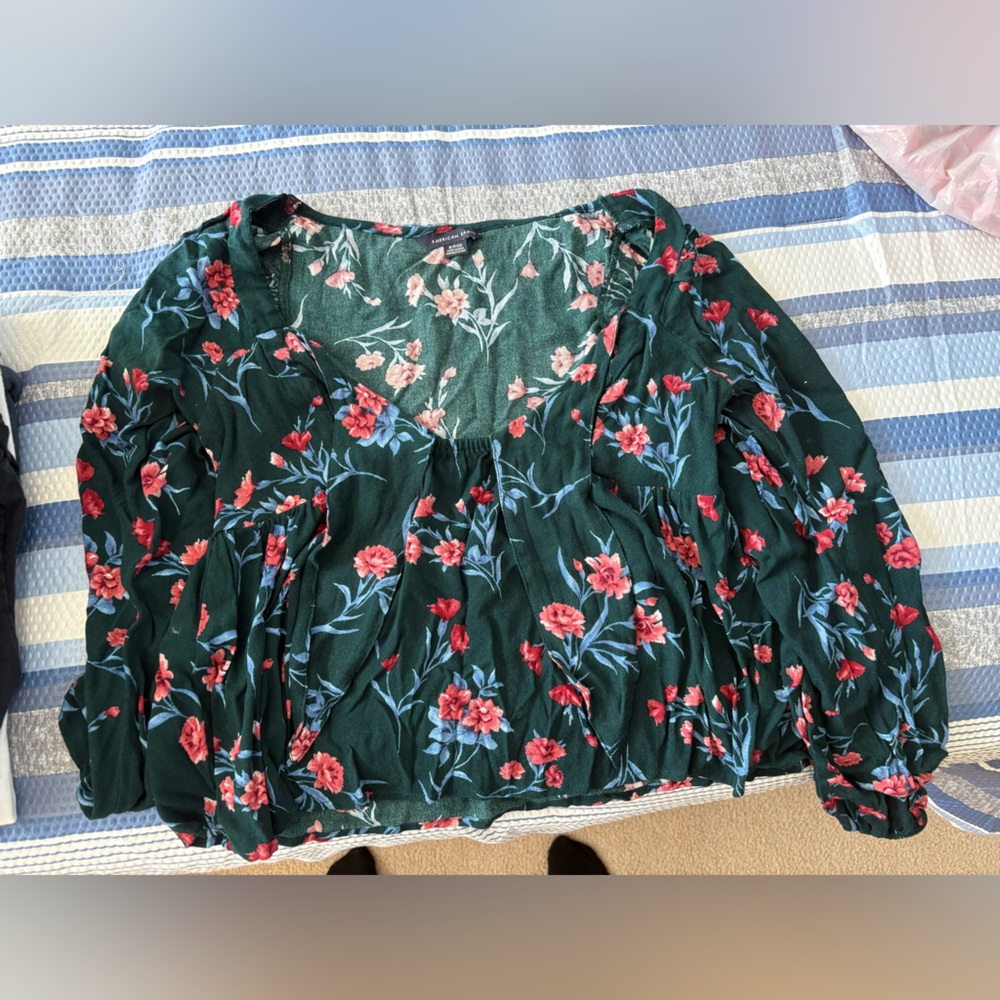 Floral Green Blouse with Red and Blue Accents